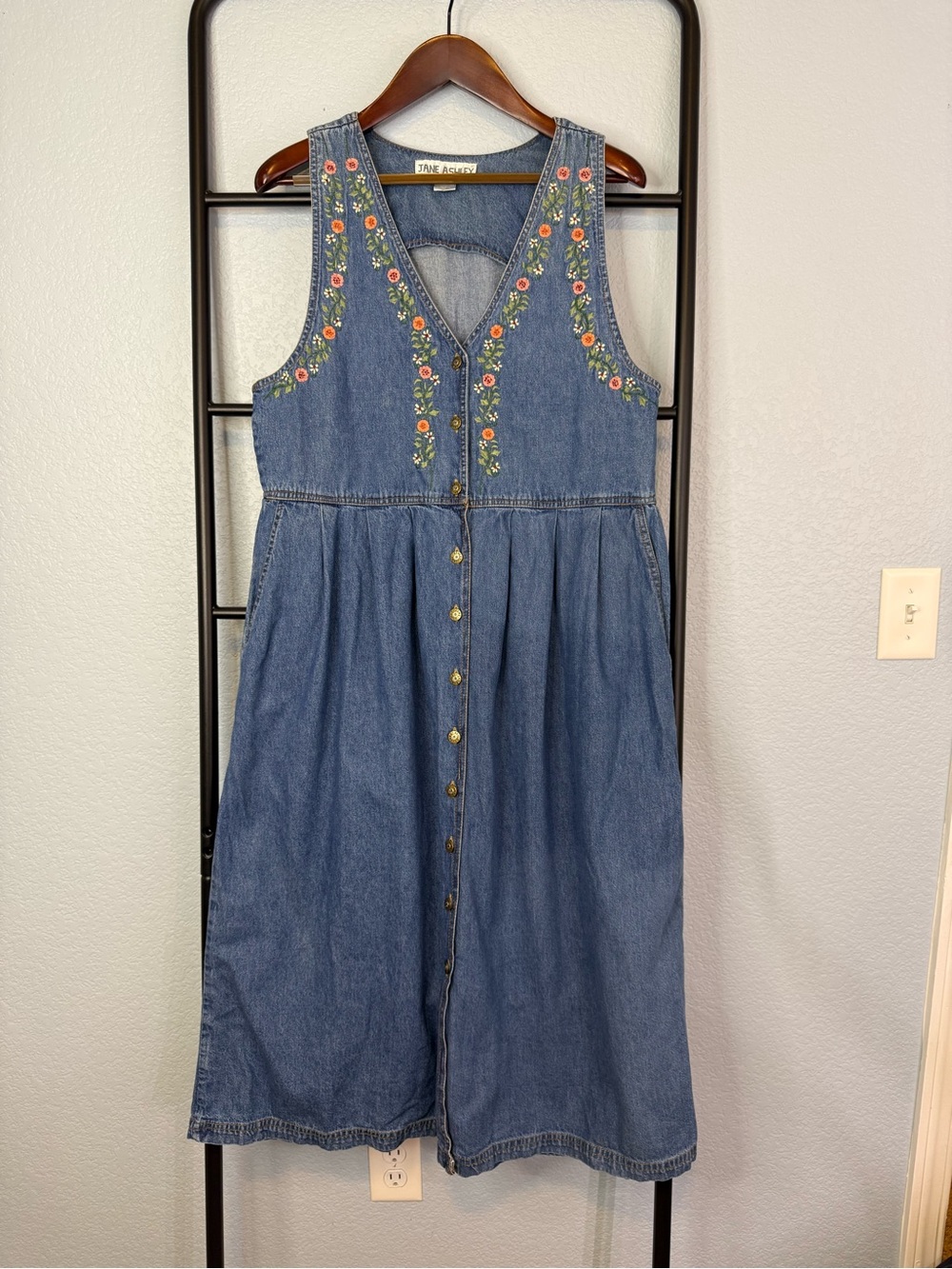 Vintage 90s Jane Ashley Denim Maxi Dress Floral Embroidered Button Front Jumper